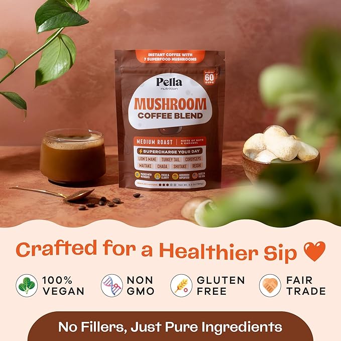 Pella Nutrition Mushroom Coffee – Lions Mane, Reishi, Chaga, Cordyceps, Shiitake, Maitake, and Turkey Tail Mushroom Supplement – Superfood Instant Coffee for Focus & Energy (Regular Caffeine, 60 Cups)