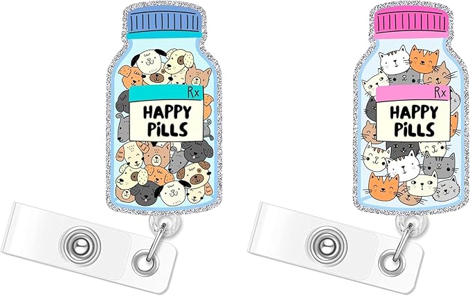 Happy Pills Cat Dog Badge Reels Retractable Funny Cute Badge Holder with Badge Reel ID Clip Name Tag Card Tag Card Badge Clip Acrylic Accessories Gifts Nurse