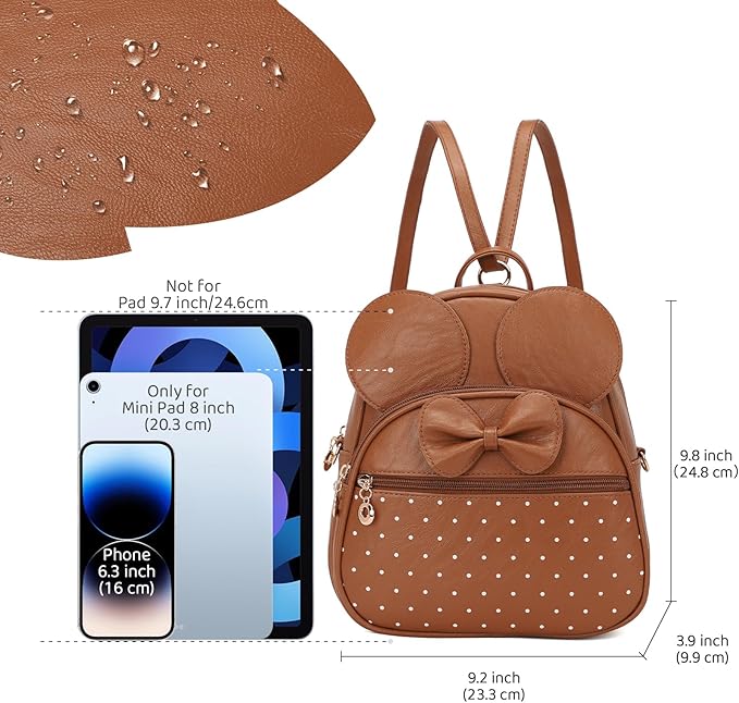 KL928 Girls Mini Backpack Bowknot Polka Dot Cute Daypacks Convertible Shoulder Bag Purse for Women (Brown)