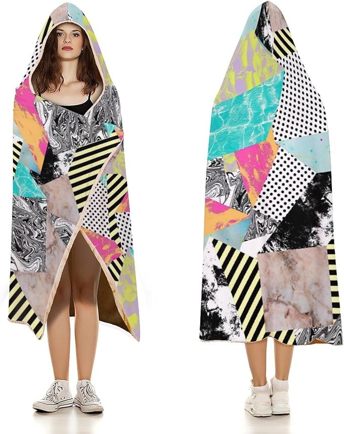 80s 90s Vintage Retro Wearable Blanket Flannel Hooded Blankets Soft Warm Blanket Hoodie for Room Couch Bed Office