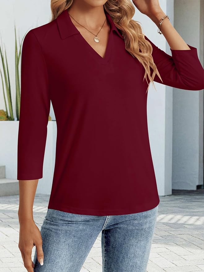 3/4 Length Sleeve Womens Tops Dressy Casual V Neck Polo Shirts Business Work Blouses 2025 Trendy Tunic Top