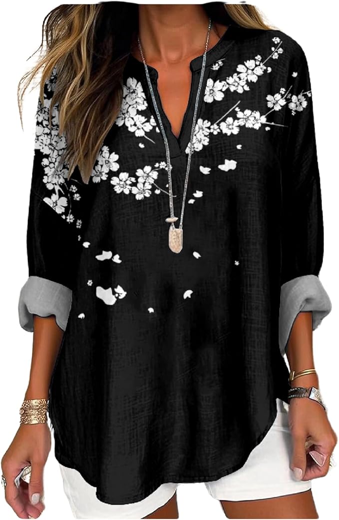 MARSVOVO V Neck Shirt For Women Boho Multi Style Blouse Long Sleeve Novelty Graphic Plus Size Pullover Tops For Women