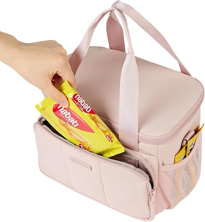 NISHEL Lunch Bag for Women, Insulated Leakproof Cooler Case with Detachable Shoulder Strap & Multiple Pocket, Easy-Clean PEVA Lining, Puffy Design for Work，Pink