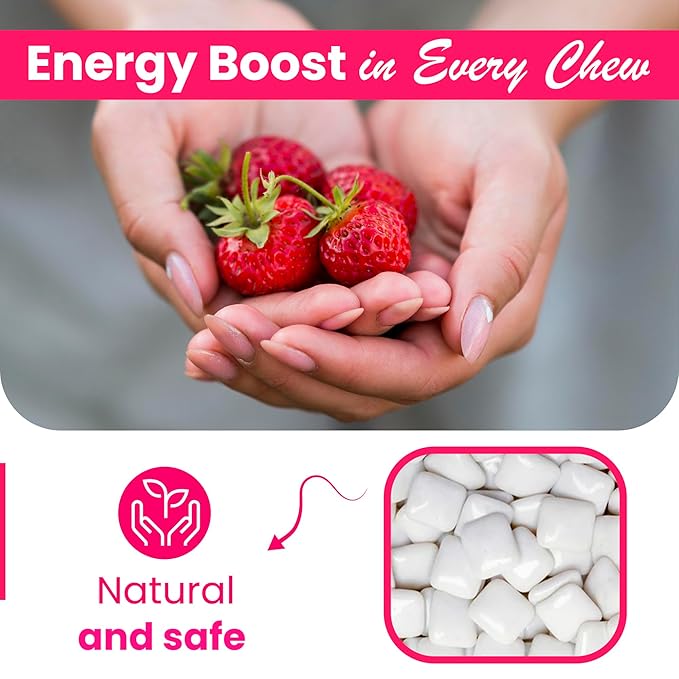 100% Xylitol Vitamin Gum | Sugar-Free, Natural Flavor | Energy Booster, Low Dose Caffeine for Sensitive Individuals | L-Theanine, Vitamin B Series | NO Artificial Flavor/Colors | 60 Count (Natural Strawberry, Natural Sweeteners)