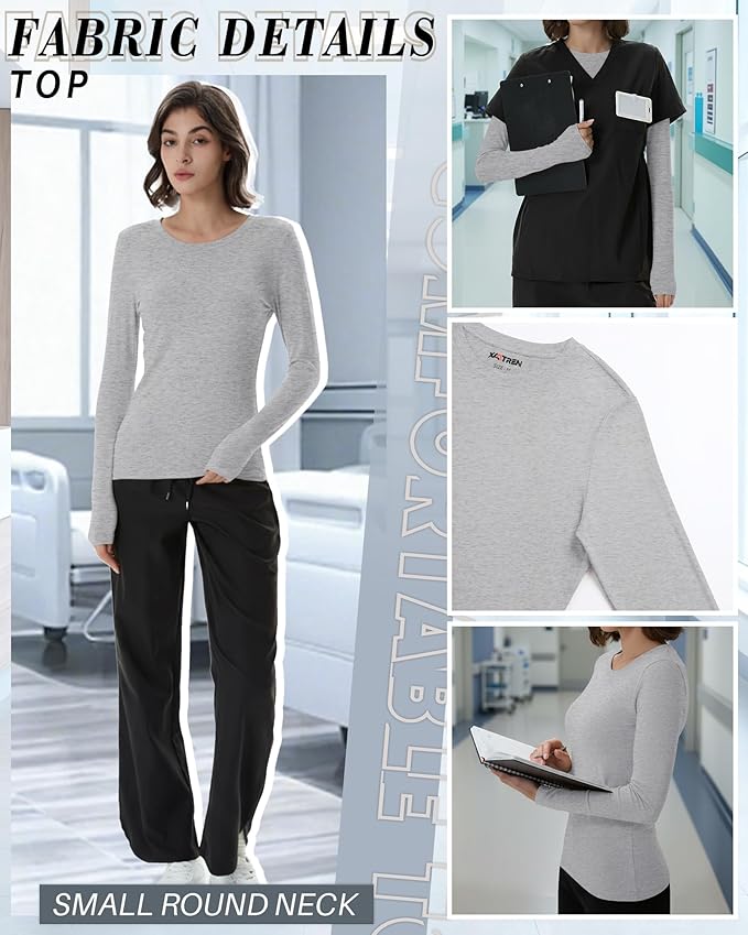 4 Pack Women's Underscrub Shirts Nurse Undershirts Long Sleeve Crewneck Slim Fit Tops Soft Stretchy Basic Tee