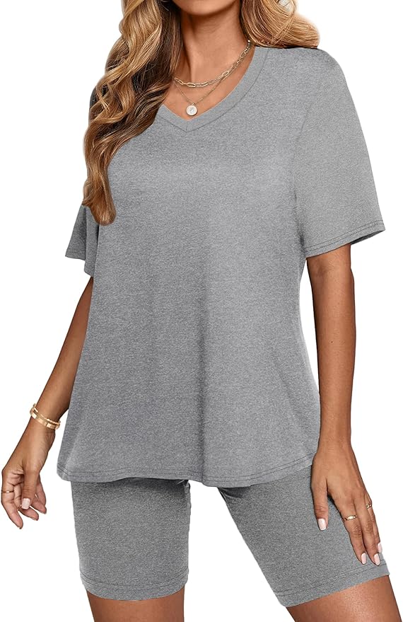 AGSEEM Two Piece Outfits For Women Summer V Neck T-Shirt Tops Biker Shorts Workout Sports Tracksuit