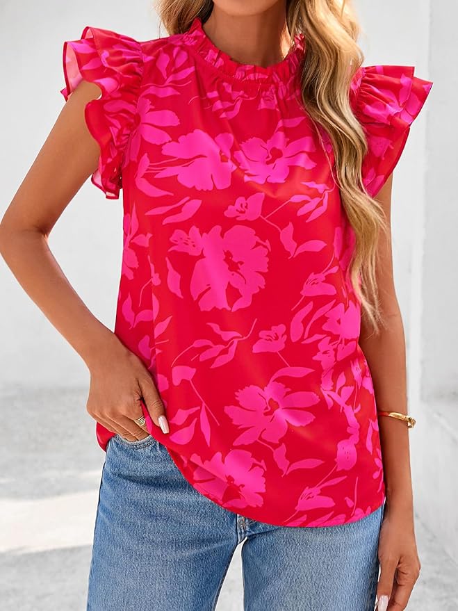 PRETTYGARDEN Women's Ruffle Short Sleeve Summer Tops 2026 Trendy Floral Trim Neck Casual Dressy Chiffon Boho Blouses Shirts