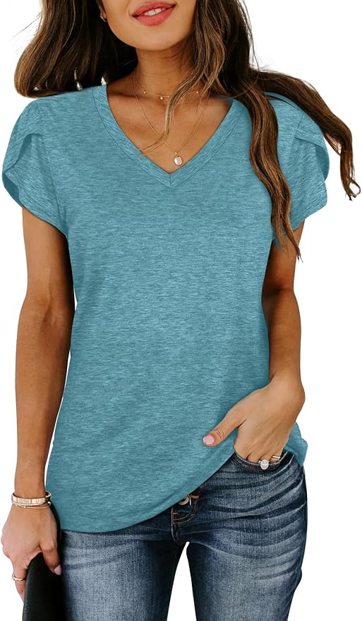 WIHOLL Womens Tops V Neck Summer Petal Sleeve Casual Tshirts