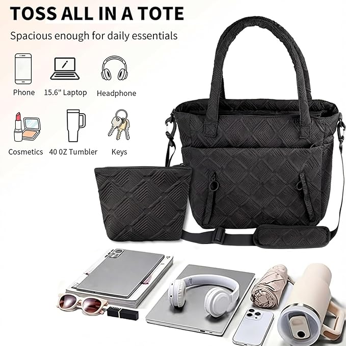 SUNRISING Tote Bag for Women, Puffy Tote Bag with Zipper, Large Quilted Shoulder Bag with Compartments for Travel Work Gym