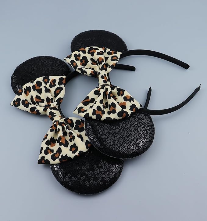 LIHELEI Mouse Ears Headband with Leopard Bows, Animal Kingdom Headbands for Halloween Costume, Party Headwear Hair Accessories for Women - Black Leopard Print