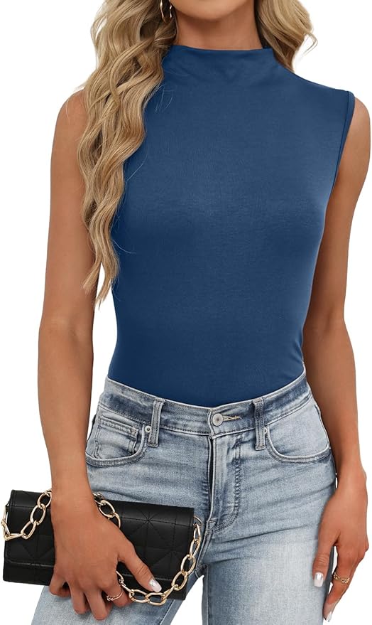 JUSTFASHIONNOW Womens Sleeveless Mock Turtleneck Tank Tops Stretchy Fitted Basic Casual Layer Shirts