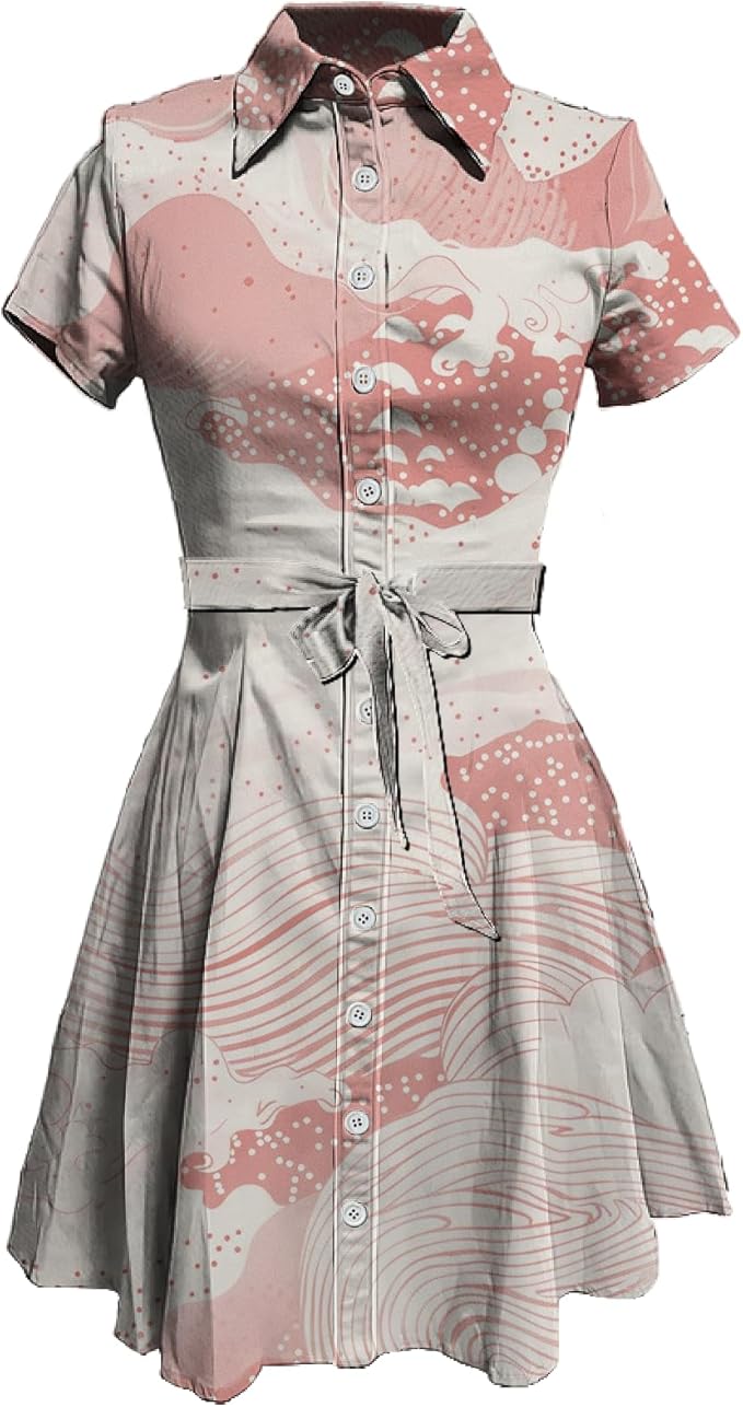 MARSVOVO Japanese Art Shirt Dresses for Women Short Sleeve Ruffle Button Down Tie Waist Trendy Elegant Midi Dress