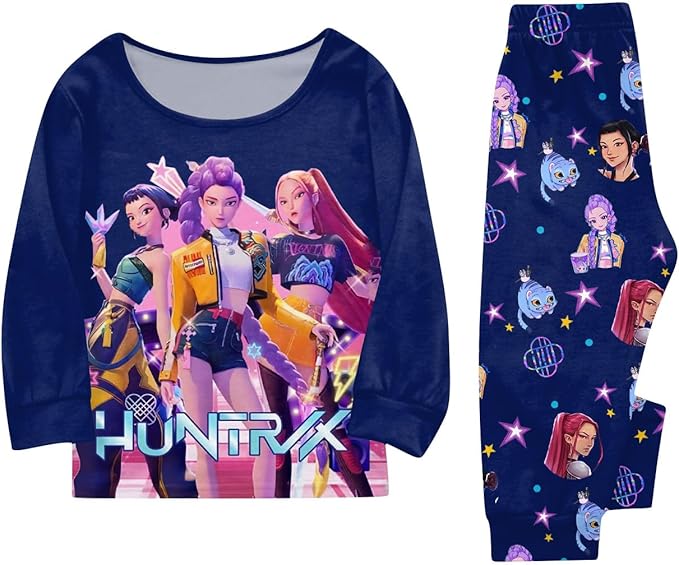 Girls 2 Piece K Pop Singer Outfits Cute Cartoon Graphic Shirts and Pants Casual Tracksuit Fashion Clothing Sets