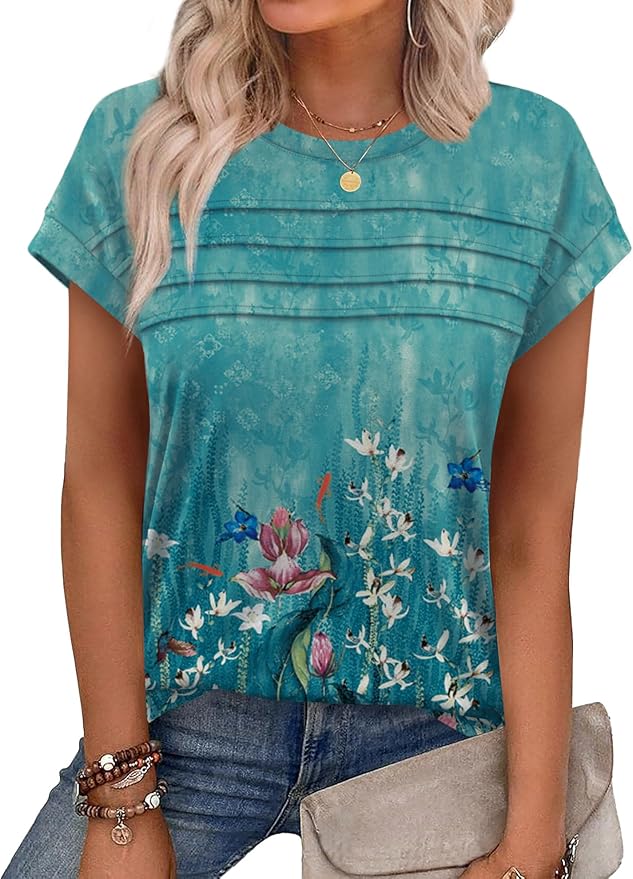 WEESO Womens Summer Tops Trendy 2026 Cap Sleeve T Shirts Crew Neck Pleated Front Beach Vacation Clothes Fashion