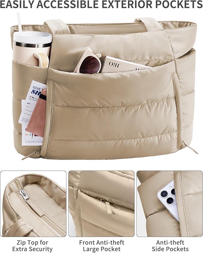 Puffer Tote Bag for Women, Lightweight Puffy Work Handbag Teacher Nurse Quilted Shoulder Bag for School Travel Gym | Quilted, with Zipper, Daily Carry On Bags, Comfy College Bags, 15.6" Laptop Sleeve, Cup Holder Pocket, Portable, Spacious