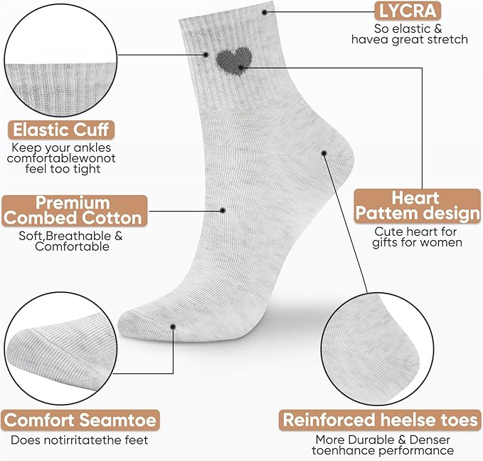 Corlap Women's Cute Cotton Crew Athletic Running Socks - Ankle High, Novelty Fun Heart Design 5-Pairs (Gift Box)