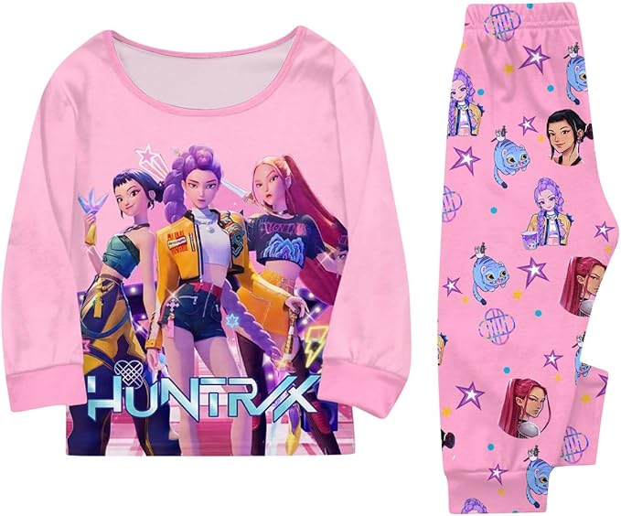 Girls 2 Piece K Pop Singer Outfits Cute Cartoon Graphic Shirts and Pants Casual Tracksuit Fashion Clothing Sets