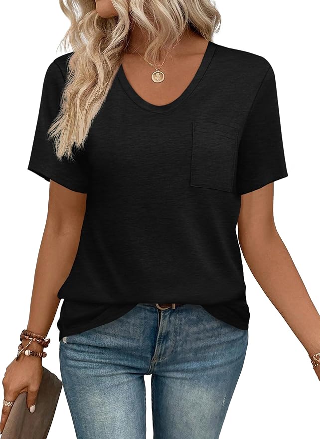WIHOLL Women Summer T Shirts Short Sleeve Rounded V Neck Pocket Tee Tops