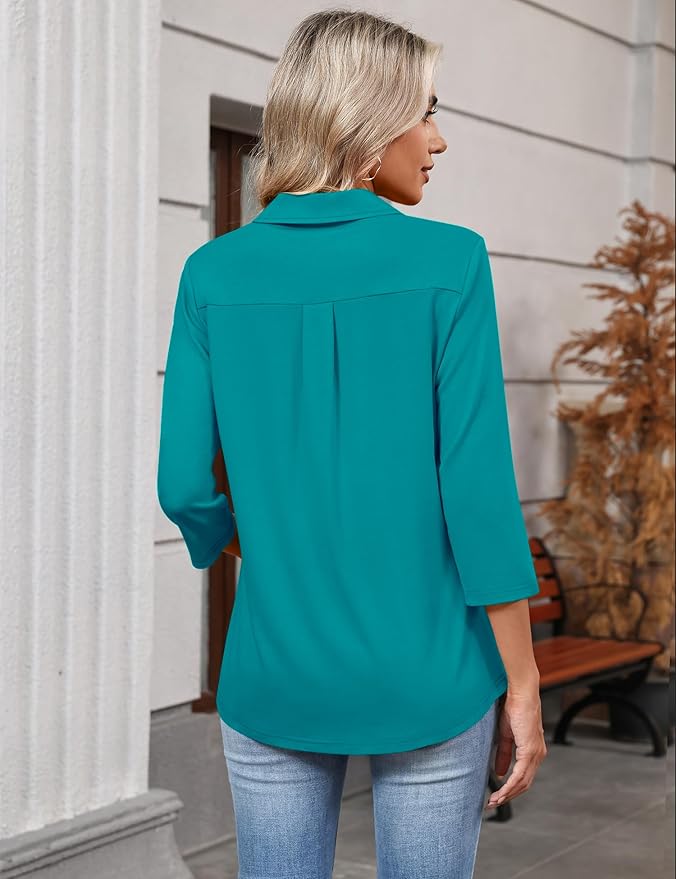 LOMON 3/4 Length Sleeve Womens Tops 2026 Spring Summer Collared Polo Shirts V Neck Casual Basic Polos Tees Shirt