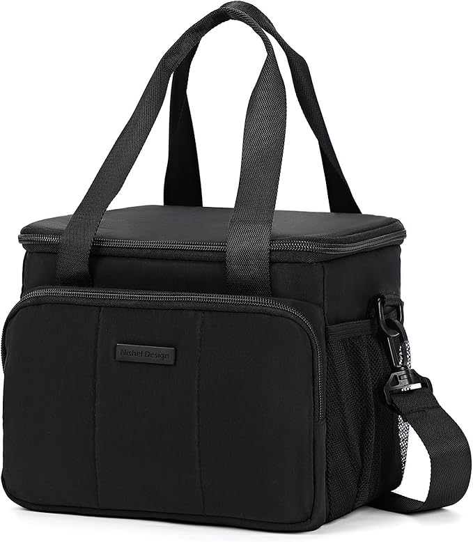 NISHEL Lunch Bag for Women, Insulated Leakproof Cooler Case with Detachable Shoulder Strap & Multiple Pocket, Easy-Clean PEVA Lining, Puffy Design for Work,Black