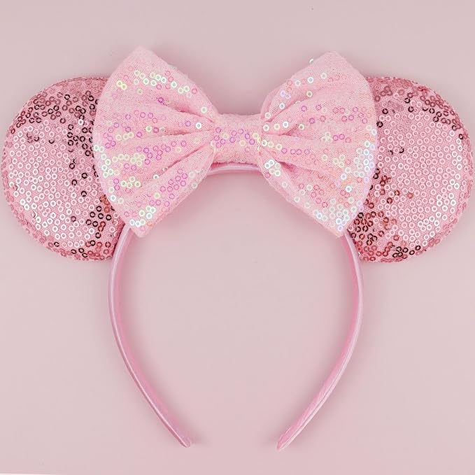 LIHELEI Mouse Ears Headband for Princess, Pink Headbands for Women Halloween Costume, Sequin Bows Headwear Hair Accessories for Women - Pink