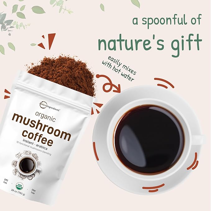 Organic Instant 10 in 1 Mushroom Coffee Powder, 28 Ounce (317 Servings) | Premium Arabica Coffee with Lion’s Mane, Chaga, Reishi & More