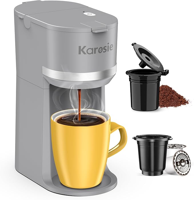 Karosie Single Serve Coffee Maker for K-Cup and Ground Coffee, Fast Brew, 6-12 oz Brew Sizes One Cup Coffee Machine Fits 5.5" Mugs, One-Button Small Coffee Maker with Descaling Reminder,Grey