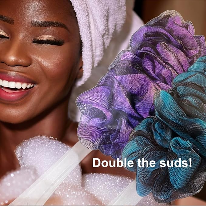 SHOWER BOUQUET Loofah-Charcoal Back-Scrubber & Bath-Sponge Color-Set // 1 Long-Handle-Back-Brush plus 2 Extra Large 75g Soft Mesh Loofa Lufa Loufa Poufs, Men & Women - Exfoliate with Full Pure Cleanse