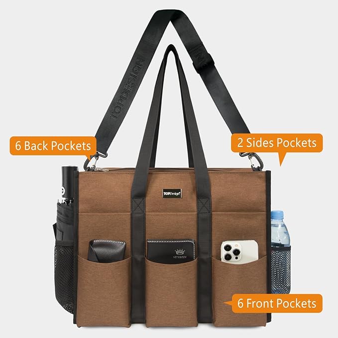TOPDesign Utility Water Resistant Tote Bag with 22 Pockets, Top Zipper Closure & Thick Bottom Support, for Working Women