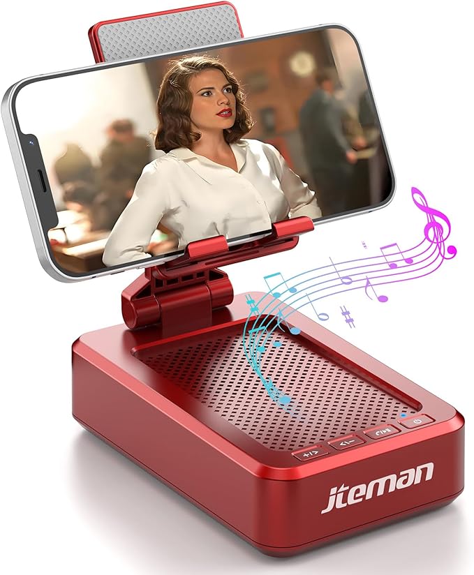 JTEMAN Portable Phone Stand with Speaker Bluetooth Wireless,Gifts for Men Women,Birthday for Women,Kitchen Gadgets for Men,Phone Holder for Desk - Red