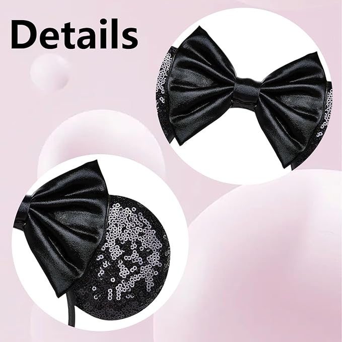 HAMUTH Mouse Ears Headband,Black Leather Ears for Women Girls Boys,Mouse Ears with Bow Hairs Accessories for Party Trip Parks CospLay Decorations