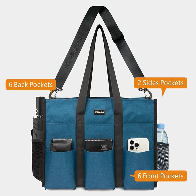 TOPDesign Utility Water Resistant Tote Bag with 22 Pockets, Top Zipper Closure & Thick Bottom Support, for Working Women