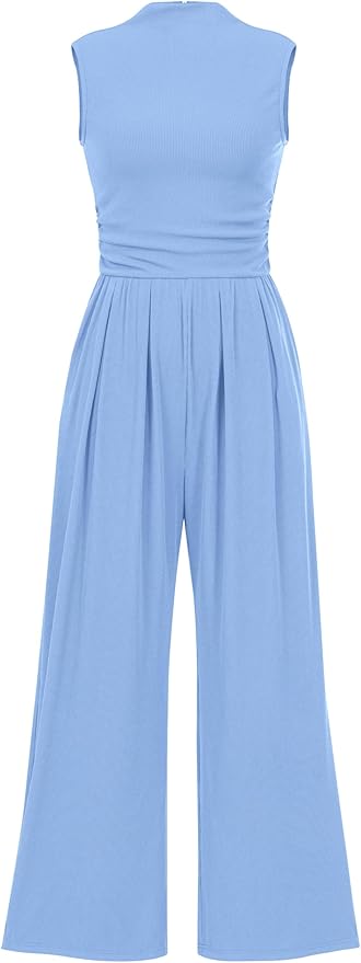 PRETTYGARDEN Womens Summer Jumpsuits Dressy Casual One Piece Outfits Sleeveless Mock Neck Wide Leg Pants Rompers with Pockets