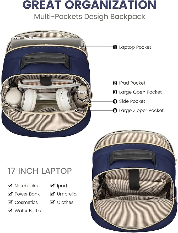 LOVEVOOK Laptop Backpack for Women, 17 Inch Large Capacity Travel Computer Work Bags, Business Nurse Backpack Purse for Womens, Backpacks, Navy
