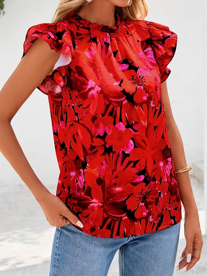 PRETTYGARDEN Women's Ruffle Short Sleeve Summer Tops 2026 Trendy Floral Trim Neck Casual Dressy Chiffon Boho Blouses Shirts