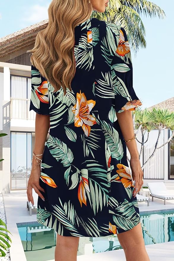 QACOHU Summer Dresses for Women V Neck Ruffle Short Sleeve Casual Shift Dress