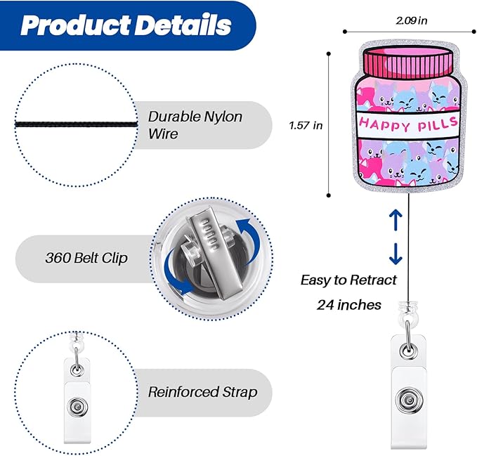 Happy Pills Funny Pharmacy Badge Reel, Cute Retractable ID Card Badge Holder, Name Tag Work Badge Clip for RN LPN CNA MA Night Shift Nurse Nursing Student Sleep Center Psychiatry Doctor, Nurse Gifts
