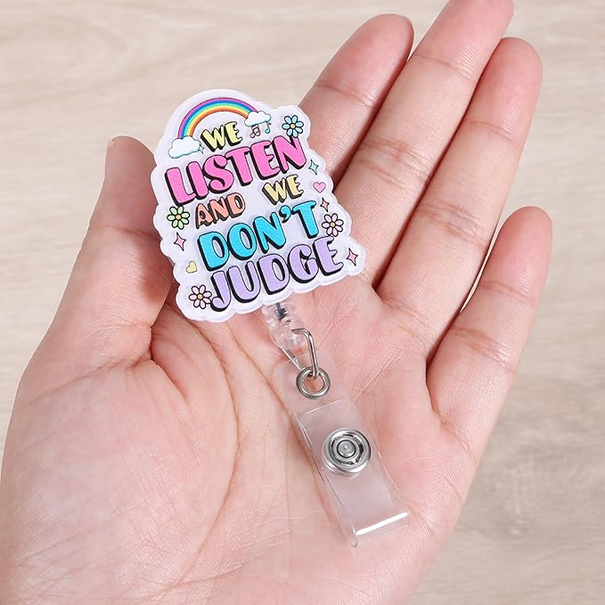 We Listen and We Don't Judge Funny Nurse Badge Reel, Cute Retractable ID Card Badge Holder for Therapists, Counselors, Social Workers, Medical Staff, Nursing RN LPN CNA MA HR Teacher Student Doctor
