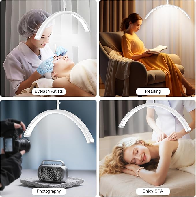 Half Moon Lash Light - Adjustable LED Floor Lash Lamp with 4X Magnifier & Phone Holder for Eyelash Extensions,Nail Art,Tattoo,Skincare,Salon SPA-Dimmable Brightness,Rotating Head, White