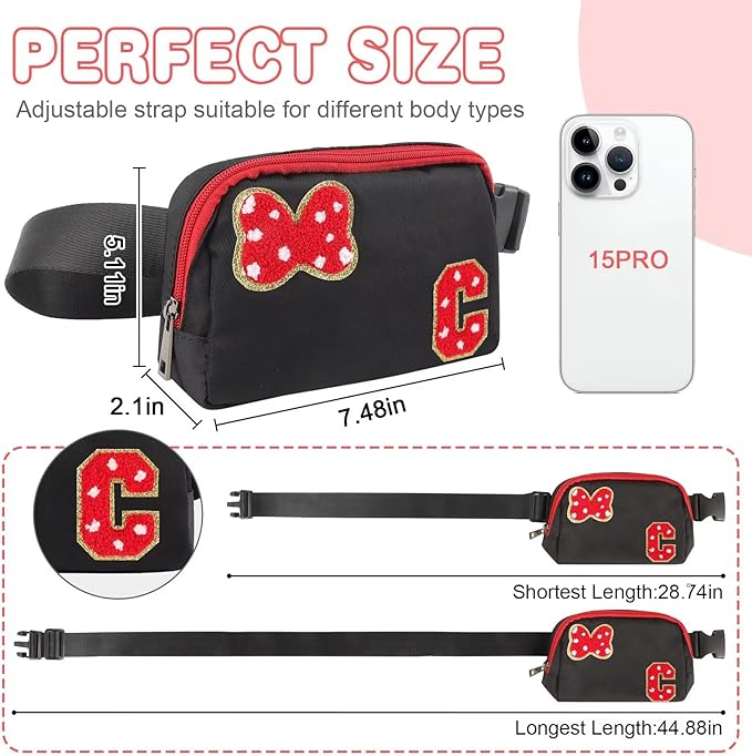 Initial Letter Bow Mouse-Ear Fanny Pack for Teen Girls,Cute Chenille Belt Bag Crossbody Travel Waist Pack for Women&Kids,Personalized Gift for Theme Park,School & Travel, Birthday Christmas(C)