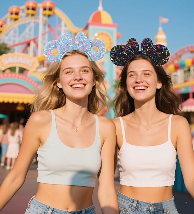 WW-WONDERFULWORLD Black Mouse Ears Headband with Rainbow Sequin, for Cartoon Princess Costume Cosplay Accessory, Glitter Christmas Party; H-XT