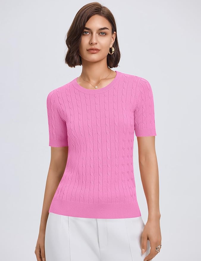Micoson Womens Short Sleeve Cable Knit Sweater Tops Crewneck Lightweight Spring Summer Shirts Business Dressy Casual Outfits