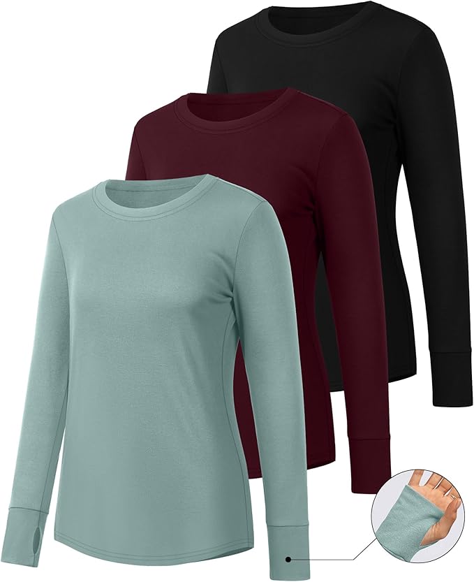 Huukeay 3 Pack Women's Long Sleeve Shirts with Thumb Holes, Cotton Casual Crew Neck Tunic Tops Fall Loose Y2k Trendy Outfits