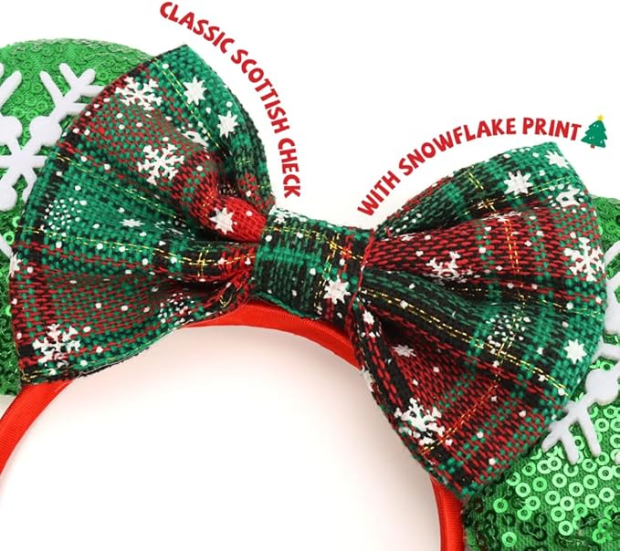 ETLUK Christmas Ears for Women Adult Girls, Mouse Ears Headbands with Bows for Trips, Party, Accessories (Plaid)