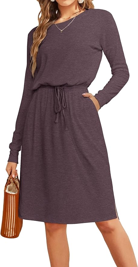 Simier Fariry Womens Spring Hide Belly Knee Length Travel Dress Pocket Summer Short Sleeve Midi Work Casual Outfits