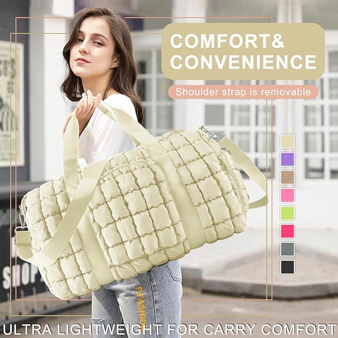 Quilted Travel Duffle Bag Gym Bag for Women,Large Puffer Duffle Weekender Bag with Compartment,Workout Overnight Carry on Organizer Bag Duffle Bag for Airplane Travel(Off-white)