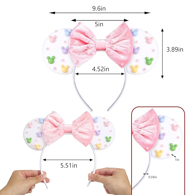 HAMUTH Mouse Ears Headband,Pink bow Headband with Pearl for Women Girls, Cute Velvet Hair Accessories for Party Trip Parks Cosplay Decorations