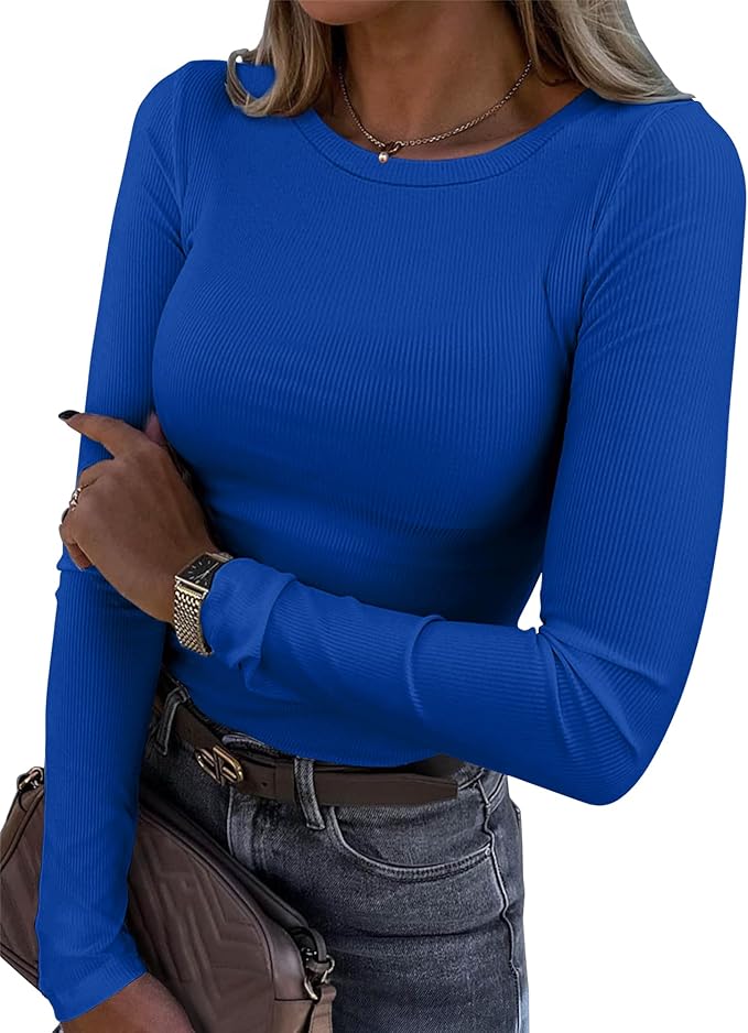 Roselux Womens Long Sleeve Stretch Crewneck Ribbed T-Shirt Fitted Casual Basic Tops