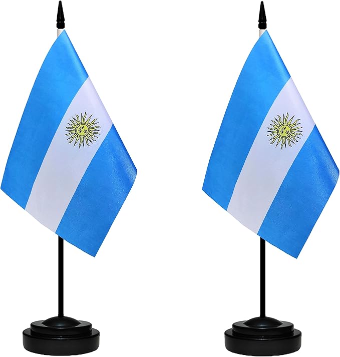Argentina Argentine Deluxe Desk Flag Set Small Mini Miniature Argentina Argentine Table Desktop Flags With Solid Pole, Black Base and Spear Top(2 Pack)
