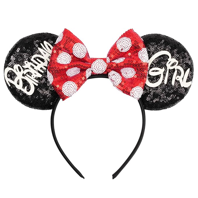 bianbaistar Biabaistar Birthday Mouse Ears Headband – Black Sequin with Red & White Polka Dot Bow, Perfect Cute Users' Birthday Parties, Celebrations, and Fun Events